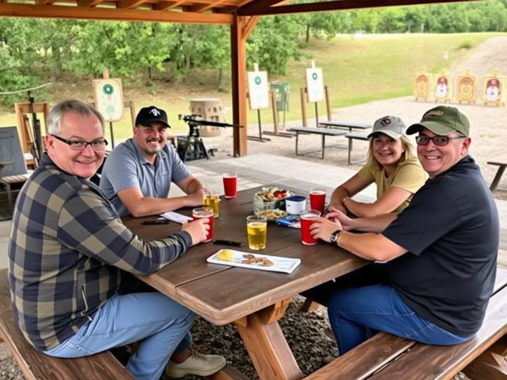 An image showcasing a community event at the shooting club, with members socializing and enjoying recreational shooting activities.