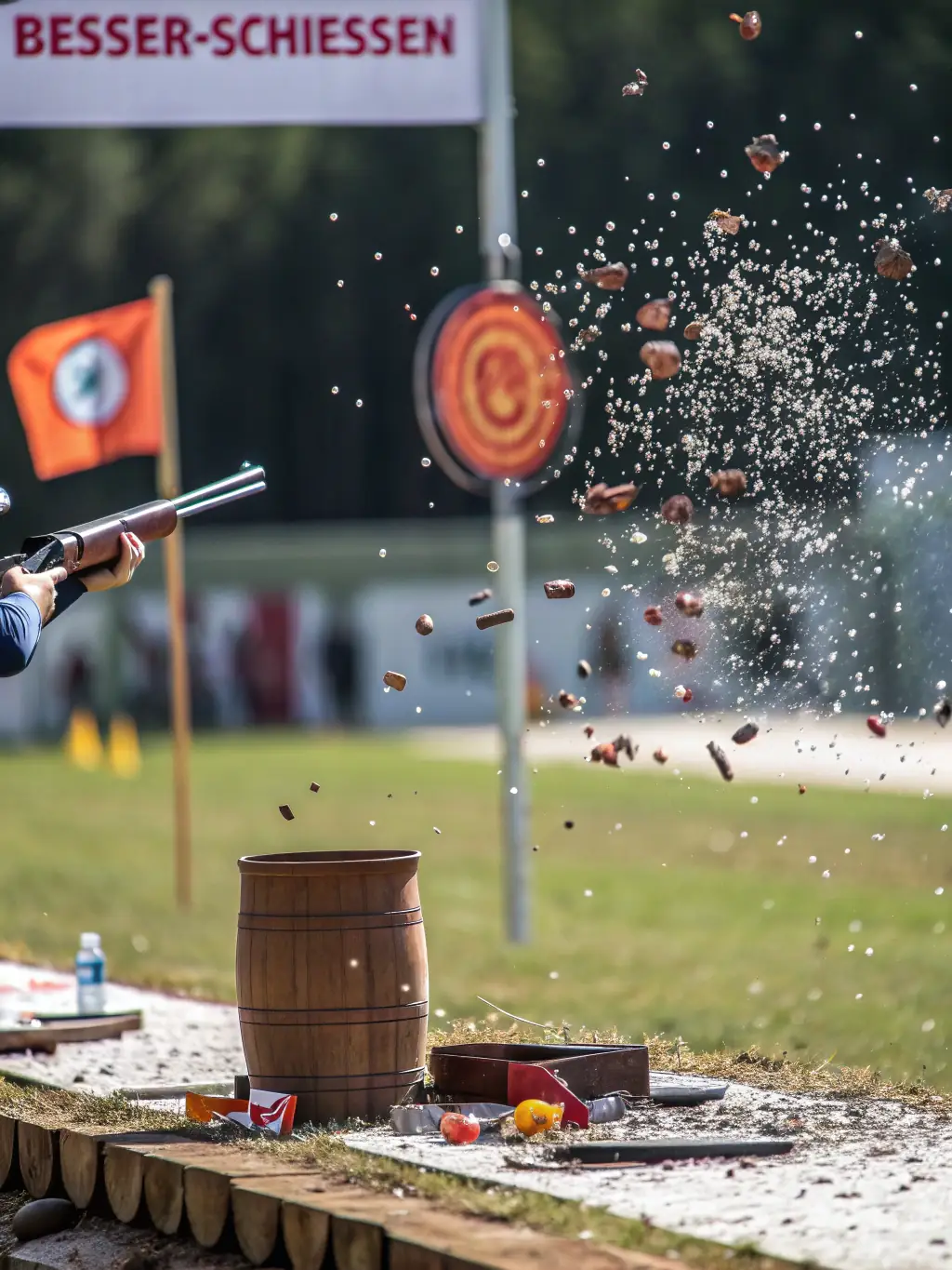 A close-up shot of a clay target being shattered mid-air by a shotgun blast during a trap shooting session at BALL TRAP CLUB DE LA MALEPERE.
