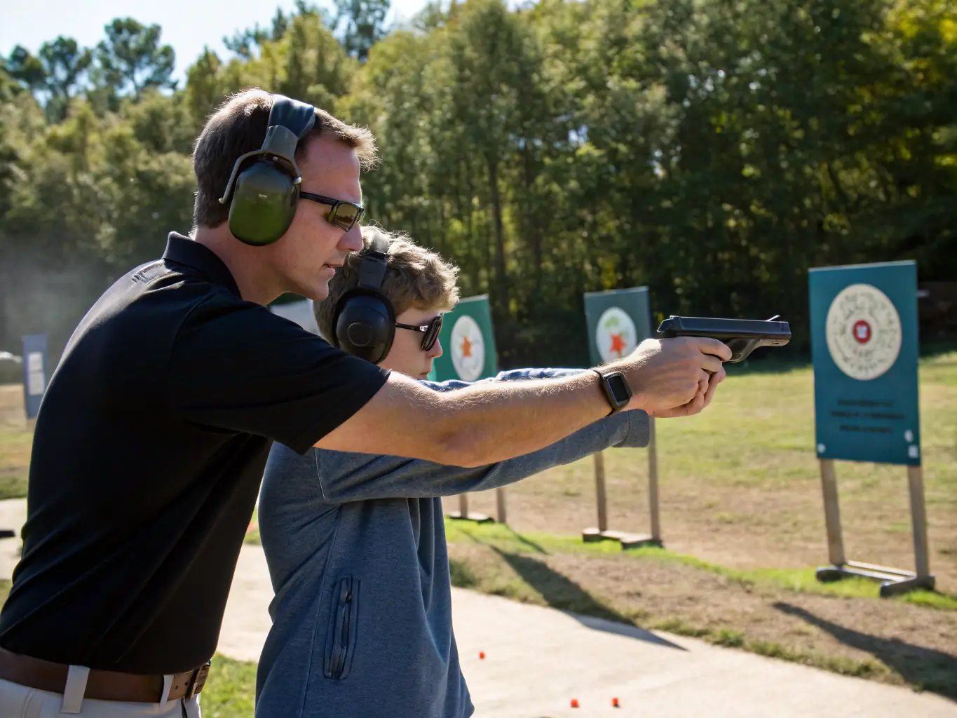 An image of a group of shooters participating in a clay shooting session, with instructors providing guidance and feedback.
