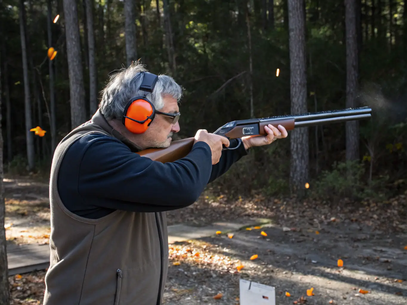 An image of a shooter expertly aiming at a moving target during a competitive shooting event.